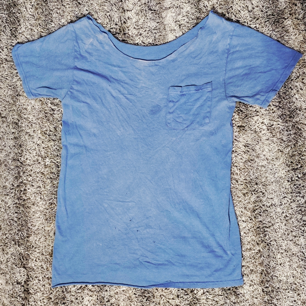 Upcycled Distressed Raw Neck Pocket Tee Faded Blue Thrashed Grunge Small